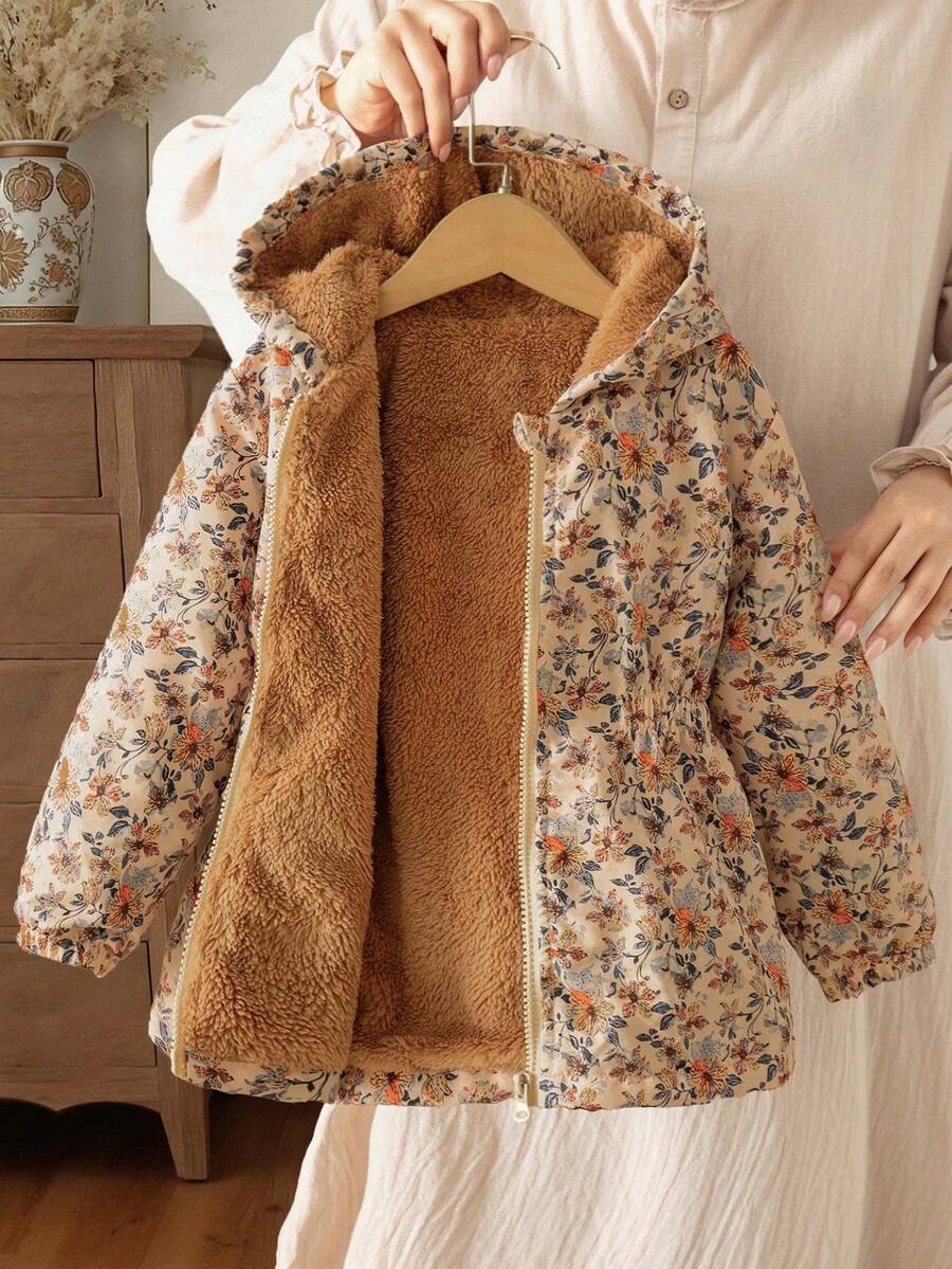 SHEIN Sparklyn 青少年女孩米色長袖休閒外套，抓絨面料，秋季服飾，酷女孩 It Girl 風格，可愛時尚經典梭織布料，花卉圖案連帽長款拉鍊外套