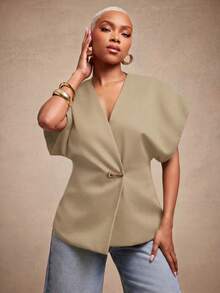 Vixey Solid Textured Woven Asymmetrical Hem Single Button Waistcoat Top, Business Casual, Office, Office Chic, Elevated Essentials, Work To Weekend - Khaki - View 5