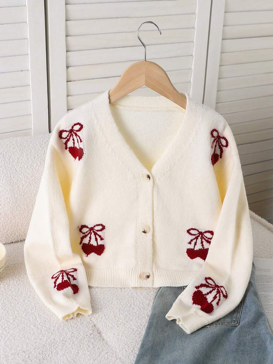 SHEIN 少女蝴蝶結圖案休閒百搭日常穿搭開襟衫 - 彩色 - 查看 1