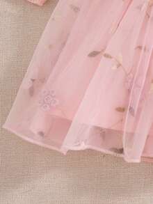 SHEIN 女嬰休閒可愛極簡刺繡網布套裝，長袖羅紋春秋短款寬鬆洋裝，適合室內/戶外活動與購物 - 粉色 - 查看 5
