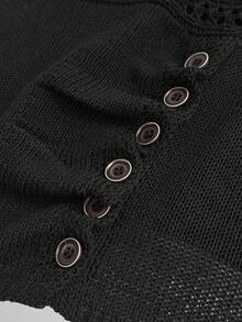 Sunspun French Style Exquisite Cinched Waist Square Neck Batwing Sleeve Hollow Out Off-Shoulder Unique Knit Top - Black - View 9