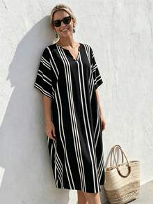 EMERY ROSE V-Neck Black And White Loose Fit Plus Size Dress Vacation Formal Summer Casual Baggy - Black - View 6