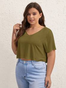 SHEIN BASICS Plus 1件純色V領短版T恤 夏季上衣 女款夏季穿搭 - 軍綠色 - 查看 3