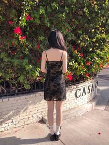 SHEIN MOD Black Date Night Romantic Floral Print Tie Front Cami Dress - Black - View 3
