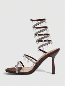 CUCCOO SZL Women's Rhinestone Embellished Wrap-Around Design Glamorous High Heel Sandals For Christmas Spring Shoes Prom Heels Summer Shoes - Brown - View 4