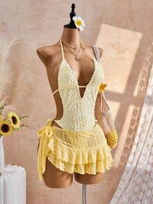 Bellisia 26SS Spring/Summer Vacation Beach Holiday Vacation Elegant Casual Polka Dot V-Neck Matching Skirt 2 Pieces Set White Floral - Yellow - View 5