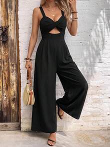 SHEIN VCAY 女款夏季前打結開衩寬腿細肩帶連身褲 - 黑色 - 查看 10