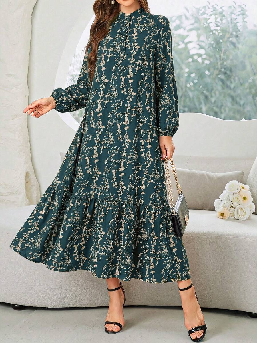 Al Najma 女款優雅時尚印花荷葉邊下擺阿拉伯風洋裝 - 水鴨藍 - 查看 1