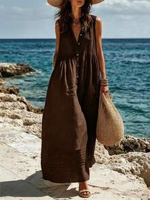 Breezaya Women's Textured Loose Casual White Stand Collar Half-Open Button Sleeveless Dress, Suitable For Beach Travel And Vacation - Brown - View 6