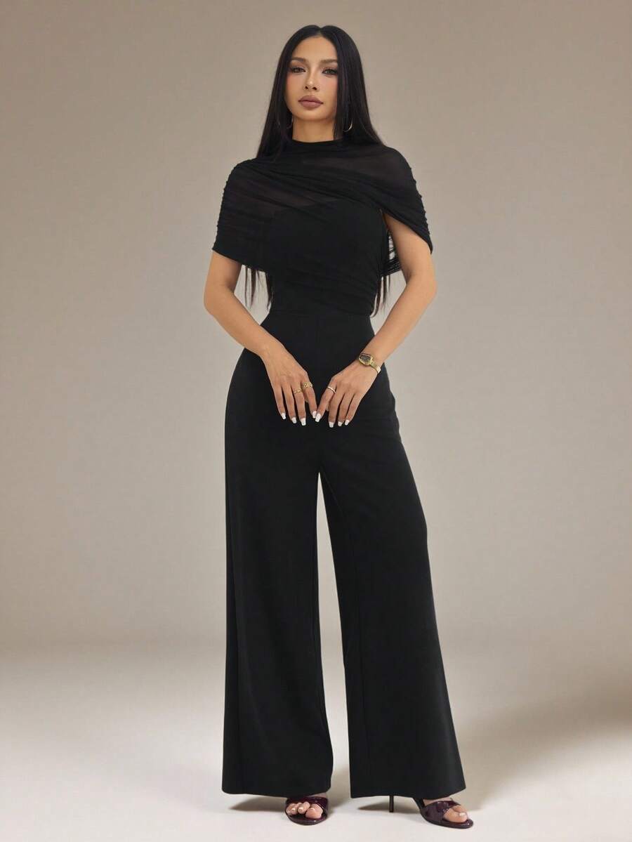 SHEIN PETITE 女款素色立領百褶優雅寬腿連身褲 - 黑色 - 查看 1