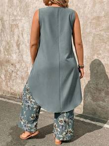 EMERY ROSE Paisley Print Pants Set, Sleeveless Top And Wide Leg Pants Plus Size 2 Pieces - Green - View 2