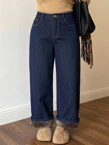 Dazy Plus Thermal Lined Thickened Loose Casual Versatile Plus Size Denim Jeans For Autumn/Winter - Dark Wash - View 6