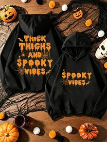 SHEIN LUNE Women's Fashion Halloween Spider Seb & 'SPOOKY VIBES' Slogan Graphic Hooded Sweatshirt - Black - View 1