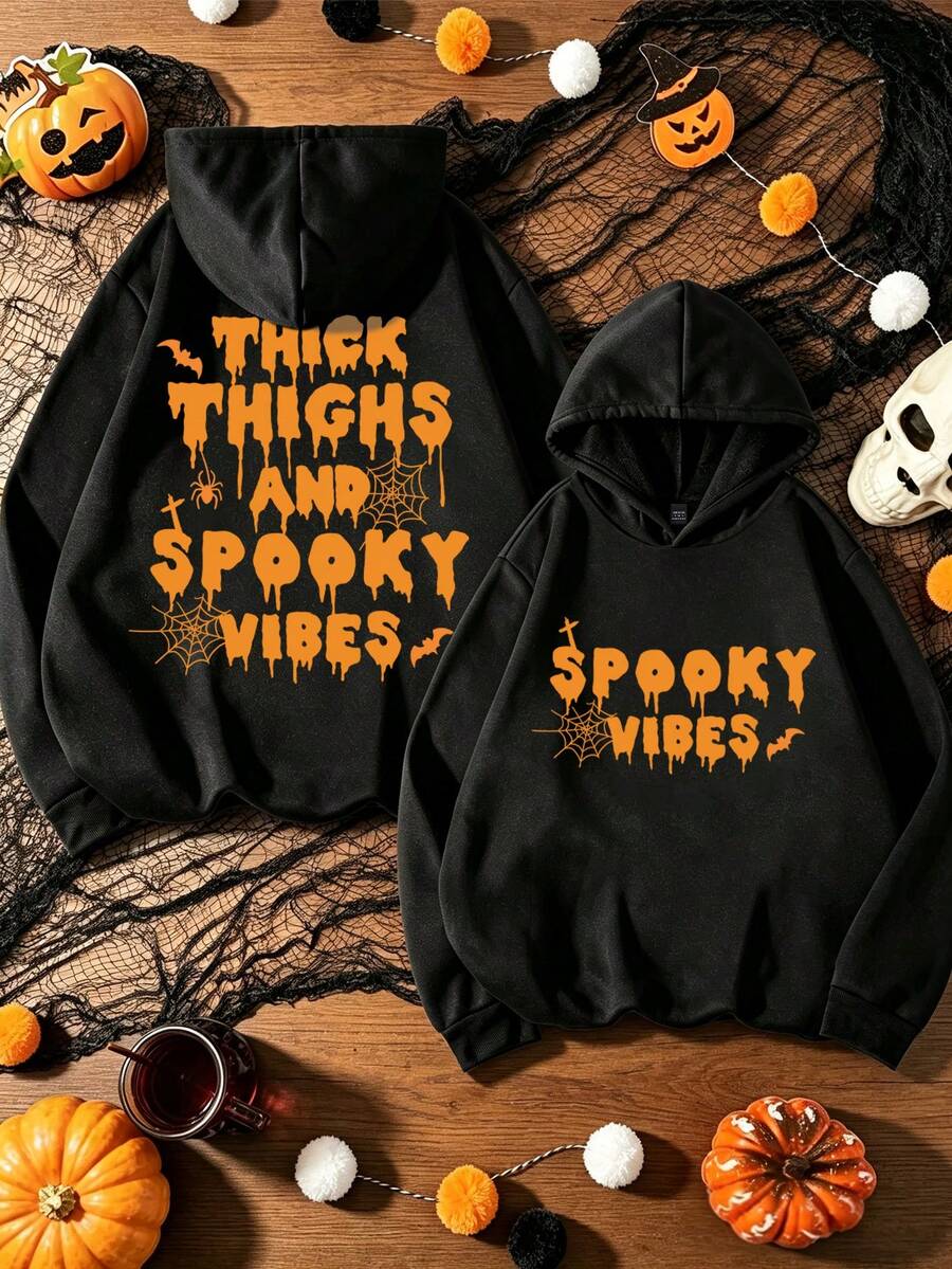 SHEIN LUNE Women's Fashion Halloween Spider Seb & 'SPOOKY VIBES' Slogan Graphic Hooded Sweatshirt - Black - View 1