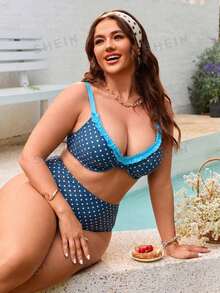 Swim Mod Set Baju Renang Push-Up Berkawat Ukuran Plus Eropa dan Amerika, Bikini Cup Lembut Motif Polkadot Retro - Biru - View 4
