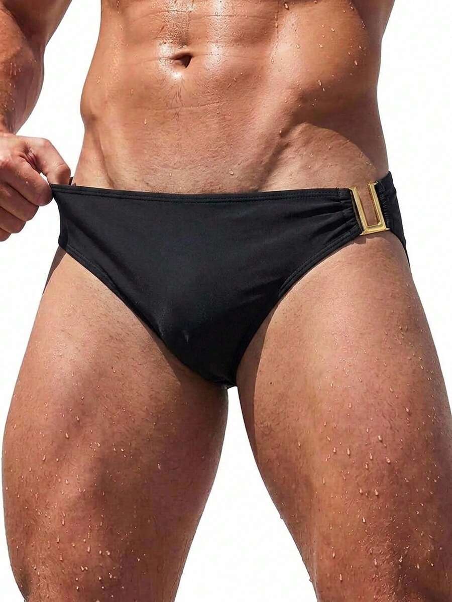 Manfinity Swimmode Men's Solid Color Triangle Swim Trunks For Beach Vacation - Black - View 1