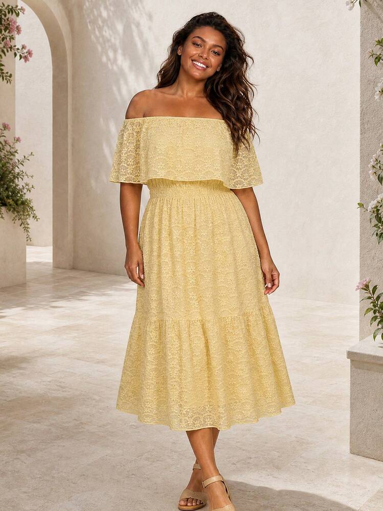 ELLERISSA Curve Elegant Bardot Off Shoulder Frill Maxi Dresses For Women,Yellow Floral Embroidered Casual Flowy Plus Size Summer Holiday Dress