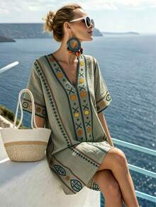 Isle Nomé Gaun Liburan Pantai Musim Panas Wanita - Olive Green - View 5