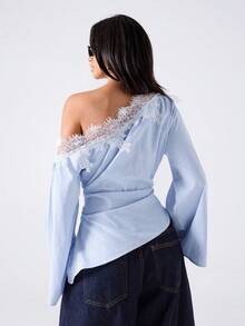LYSMO Blusa de mujer con patchwork de encaje y rayas, casual elegante versátil para uso diario, oficina, brunch, conjuntos para salir, top combinable azul y blanco a rayas otoño - Azul - Ver 6