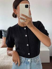 DAZY Elegant rund hals puffärm kort stil blus för kvinnor - Svart - Visa 10