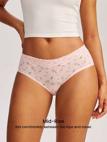 LUVLETTE 3-Pack Soft Cotton Basic Floral Print Lace Trim Mid-Waist Underwear Briefs-Pink - Multicolor - View 3
