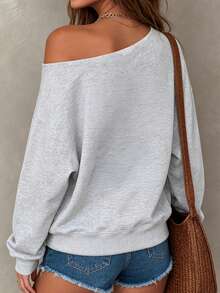 SHEIN Holidaya Women's Letter Horse Print Asymmetric Shoulder Long Sleeve Casual Western Sweatshirt Everyday Traveling Grey Fall - Light Grey - View 2