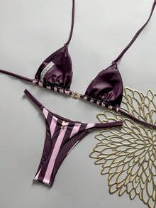 Swim Mod 女款春夏美式國旗印花露背三角比基尼套裝，縮褶T字背褲底，2件式海灘裝，適合日 - 彩色 - 查看 3