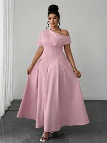 Maweii Plus Size French Design Pink Asymmetrical Neckline Short Sleeve Cinched Waist Flared Hem Women's Dress Cocktail Wedding Summer Romantic Elegant - Pink - View 1