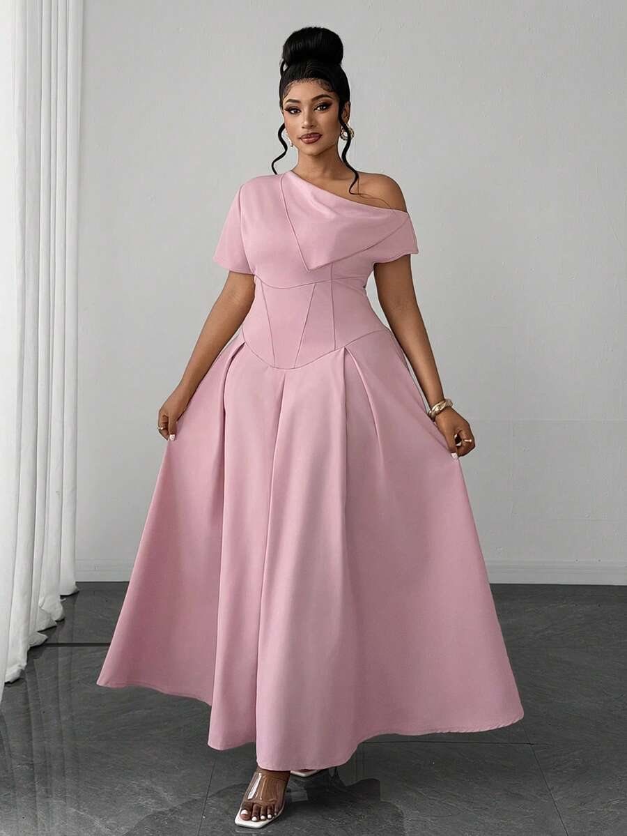 Maweii Plus Size French Design Pink Asymmetrical Neckline Short Sleeve Cinched Waist Flared Hem Women's Dress Cocktail Wedding Summer Romantic Elegant - Pink - View 1