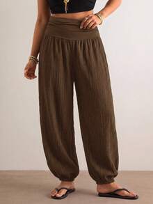 Freevana Plus Size Women Solid Color High Waist Pleated Casual Lantern Pants - 咖啡棕 - 查看 3