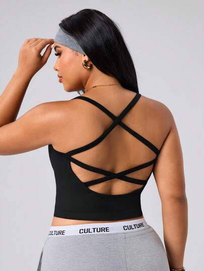 SHEIN Rhythm Era Camiseta deportiva de mujer talla grande color liso con espalda cruzada