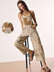 Bohemela New Women's Floral Beige Casual Boho Denim Overalls, Jumpsuit Y2K Summer Back-To-School Vacation Outfits Beer Festival Rompers Vacation Vacation - Multicolor - View 10