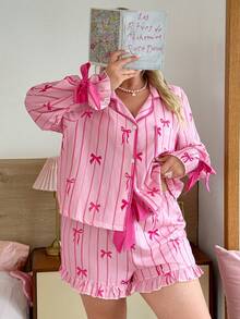 Slumberry CURVE Sweet Cute Ins Bowknot Striped Print Lapel Open Front Contrast Binding Bowknot Design Plus Size Women's Pajama Set - Multicolor - View 6