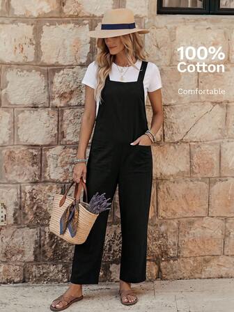 EMERY ROSE Women Minimalist Straight Leg Jumpsuit With Dual Pockets Women Overalls Korean Fashion