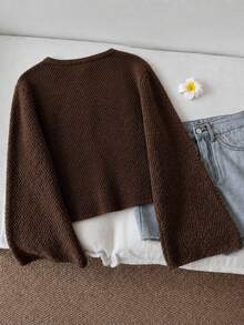 GlowEve CURVE Vintage Dark Brown V-Neck Double Bow Knitted Cardigan Loose Flared Sleeve Short Sweater - Brown - View 2