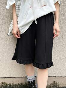 FRIFUL Women's Casual Textured Ruffle HemBermuda Shorts Summer - Black - View 2