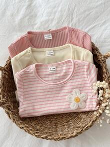 SHEIN 幼兒女童 3 件組柔軟羅紋長袖上衣，休閒基礎圓領上衣 - 彩色 - 查看 6