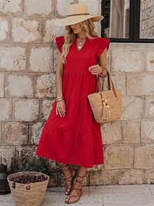 EMERY ROSE Notched Neckline Ruffle Trim Smock Dress For New Year Clothes Maxi Vacation Beach Outfits Women - Red - View 3