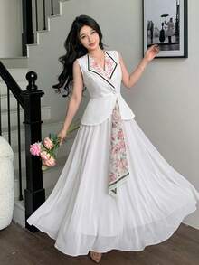 Modelyn Spring/Summer Commuter Day Party Elegant Elegant Floral Print Bow Tie Waist-Defining Slimming Blazer Sleeveless Set Pink Floral White - White - View 10