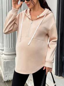 SHEIN Maternity Drawstring Hooded Casual Versatile Daily Wear Sweatshirt Winter - Apricot - View 4