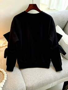 GlowEve CURVE Plus Size Solid Color Design Knot Detail Streetwear Crew Neck Long Sleeve Sweatshirt - Black - View 2