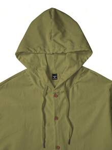 Manfinity Homme Camisa-chaqueta con capucha y cordón para hombre, de manga larga, color liso y abotonado sencillo - Verde militar - Ver 4