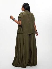 Mawevolt Plus Size Women's Zipper Top And Wide Leg Pants Casual Daily 2 Pieces Set - Army Green - View 3