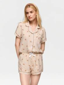 Bonmuse 2pcs Comfortable Plaid Teddy Bear Print Pajama Set, Short Sleeve Collared Top With Pocket And Bow Shorts, Women Sleepwear Homewear For All Seasons - Brown - View 7