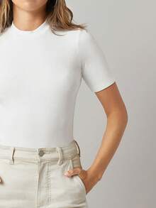 SHEIN BASICS Mock-Neck Rib-Knit Top Tops For Women White Tops - White - View 4