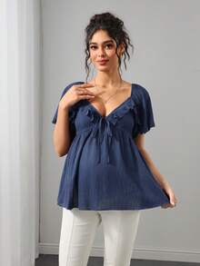 Momance Women's Elegant Textured Fabric Deep Pleated Ruffle Short Sleeve Maternity Top Casual Comfortable Maternity Babyshower Navy Blue Summer Party Morning - Navy Blue - View 5