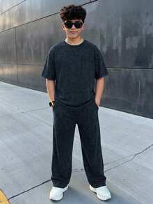 SHEIN 青少年男孩夏季休閒T恤與長褲套裝 - 藍色 - 查看 5