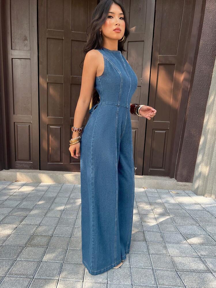 SHEIN PETITE Women's Fashionable Sleeveless Denim Jumpsuit With Open Back And Knot Design - Blue - View 7