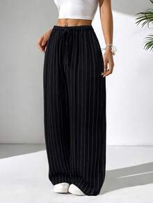 SHEIN PETITE CURVE 大码休闲条纹阔腿裤 - 黑色 - 查看 7