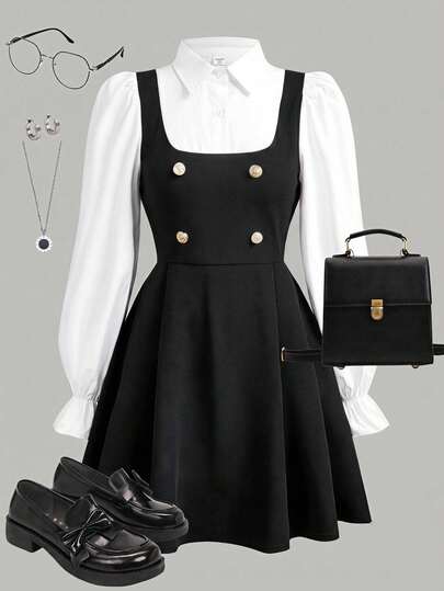 Girlism Kids Teen Girls Dresses Sweet Preppy Style Metal Button Colorblock 2 In 1 Dress Casual School Outfit, Suitable For Daily School Wear, Back To School Season